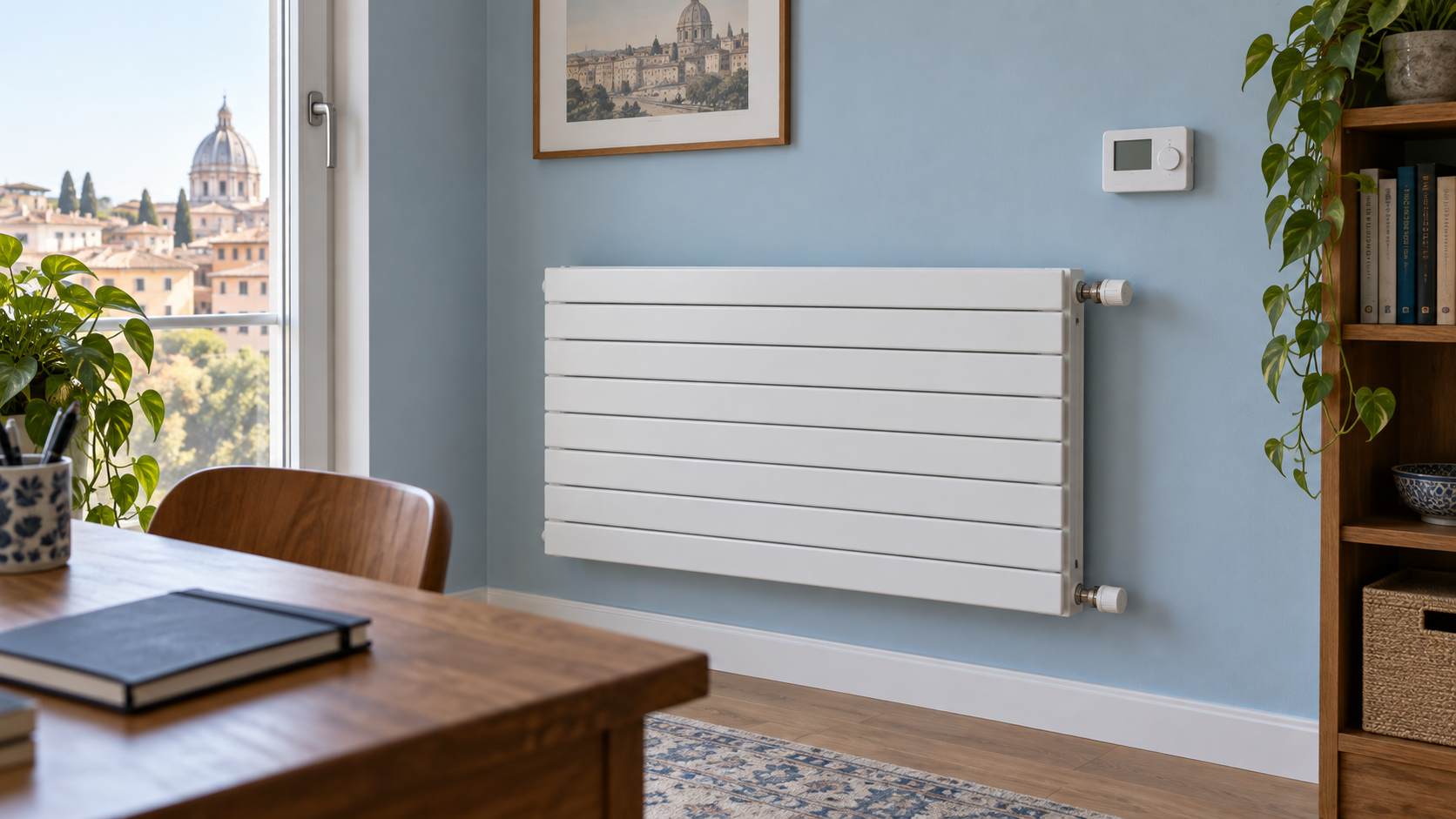 Radiatore bianco e comando termostatico a parete in un ambiente domestico luminoso