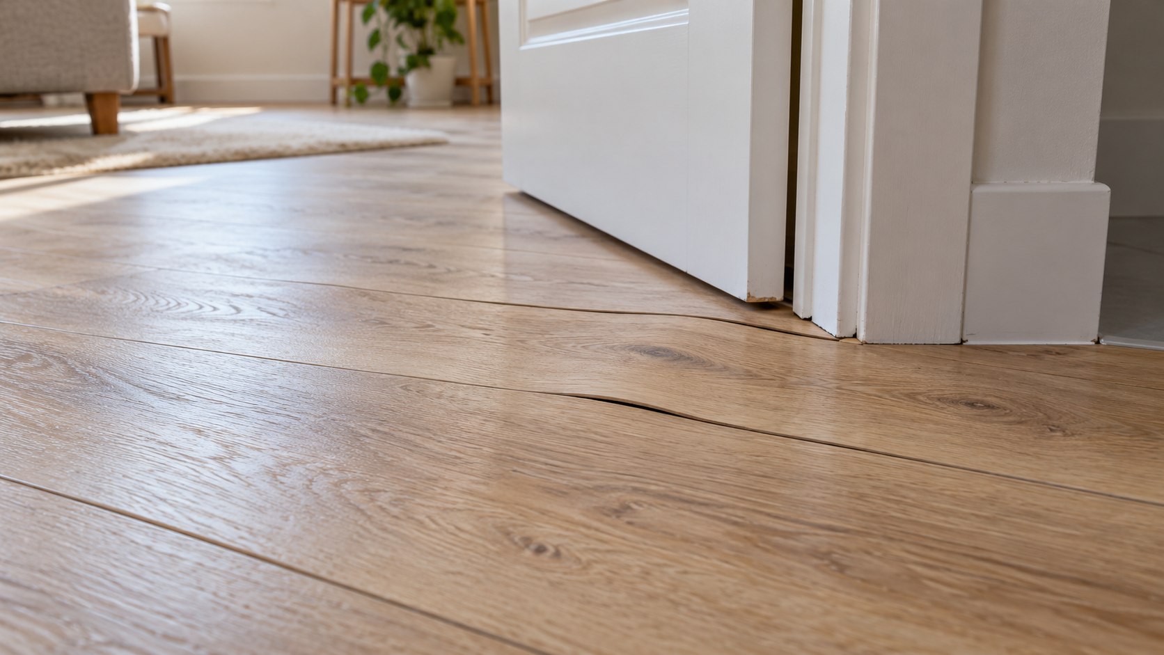 Doghe in laminato effetto rovere sollevate vicino allo stipite bianco di una porta aperta
